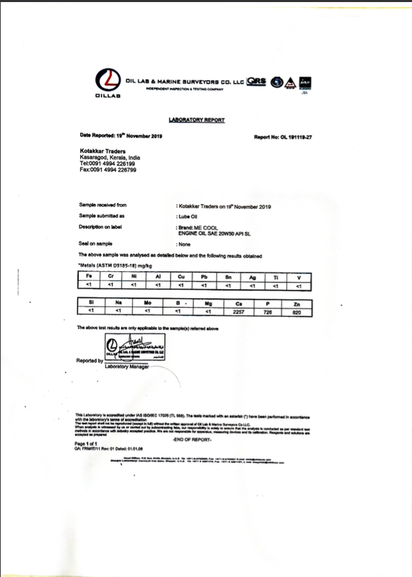 Laboratory Certificate for SAE 20W50 API SL